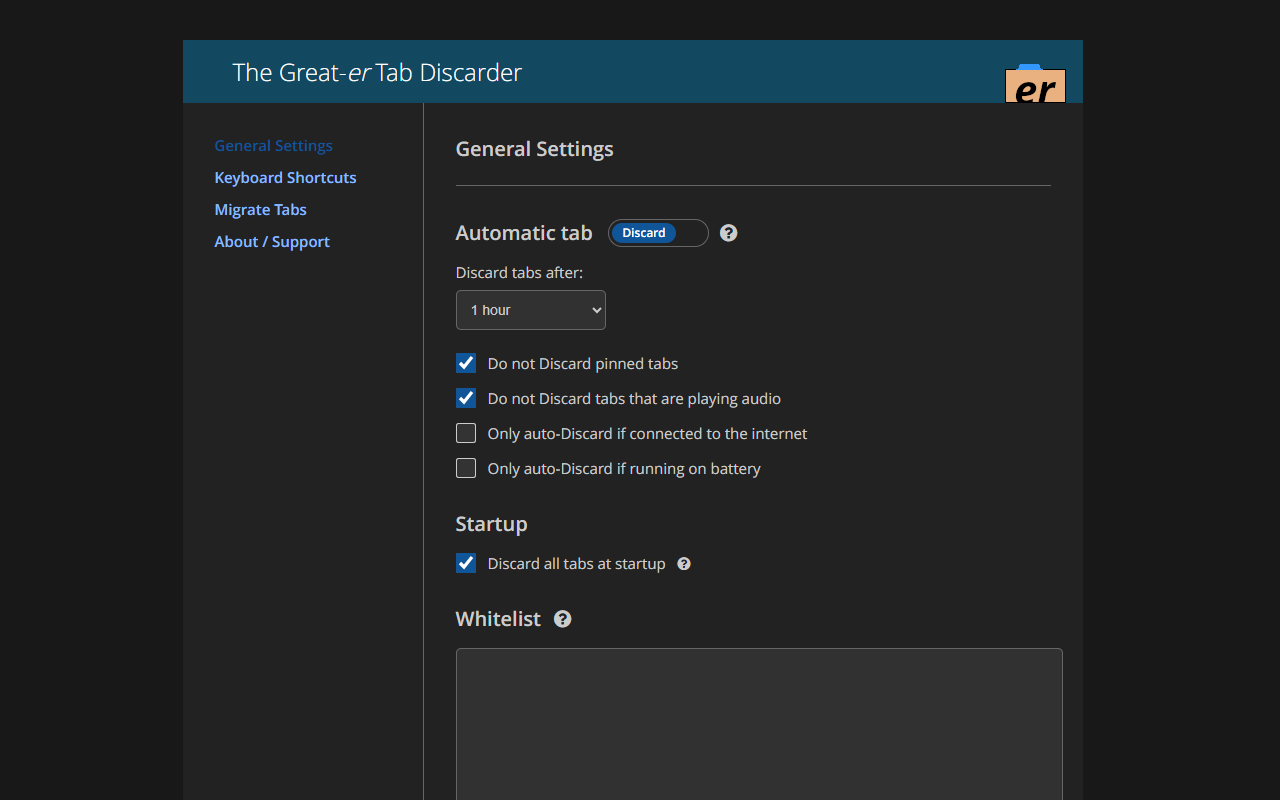 The Great-er Tab Discarder — Options (dark)