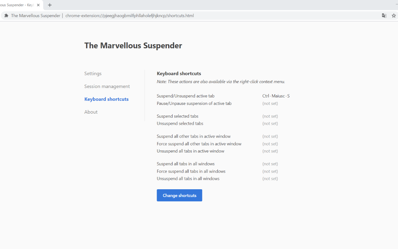 The Marvellous Suspender — Keyboard shortcuts